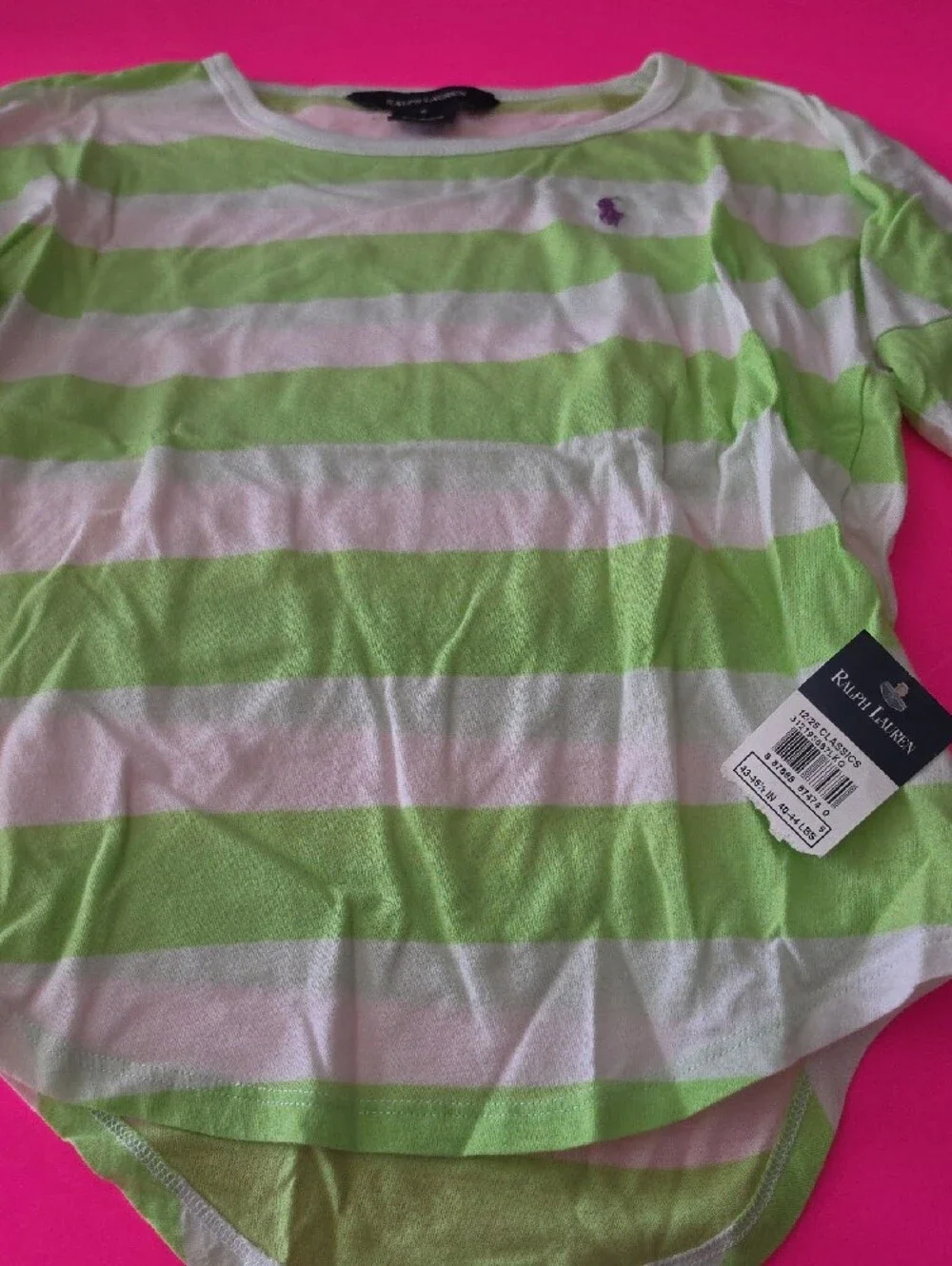 Ralph Lauren Lime Green and White Striped Girls Tee with Purple Pony
